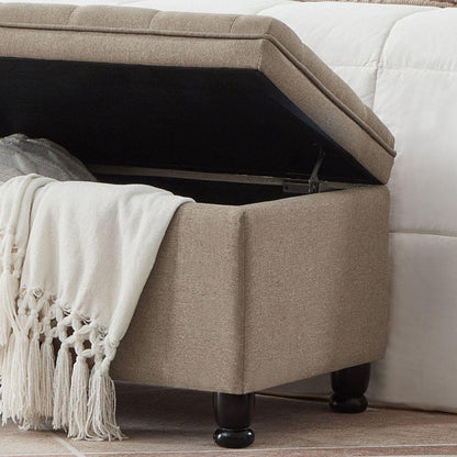 Upholstered tufted button storage bench, Linen fabric entry bench with spindle wooden legs, Bed bench- Linen