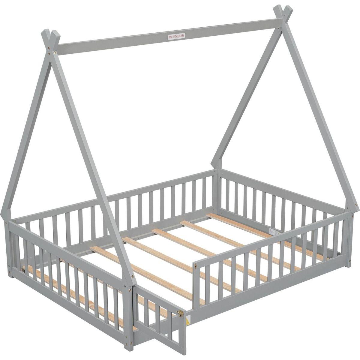 Full Tent-shaped Floor Bed, with Guardrails, Slats, Door, Grey