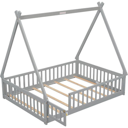Full Tent-shaped Floor Bed, with Guardrails, Slats, Door, Grey