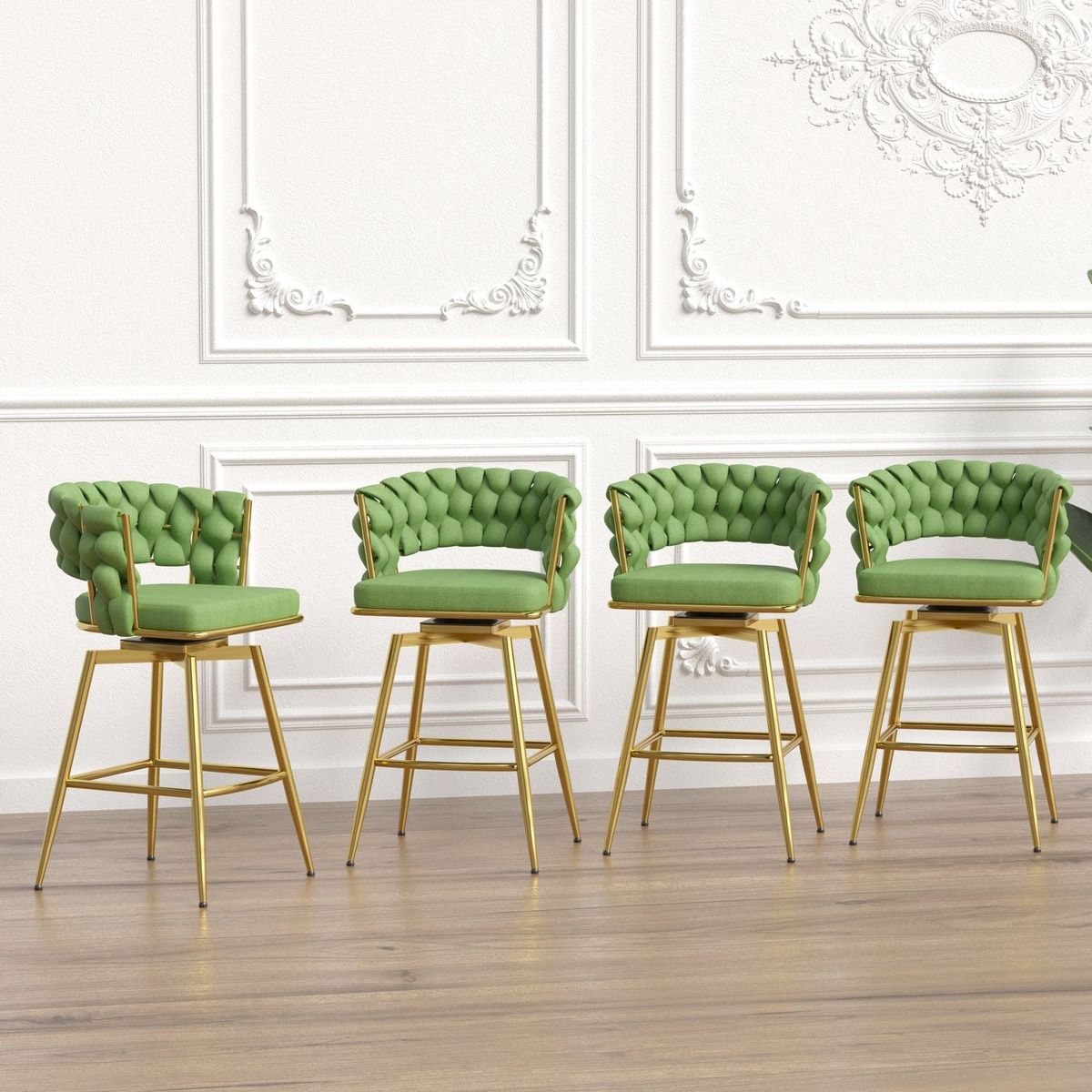 Bar Chair Linen Woven Bar Stool Set of 4,Golden legs Barstools No Adjustable Kitchen Island Chairs,360 Swivel Bar Stools Upholstered Bar Chair Counter Stool Arm Chairs with Back Footrest, (Green)