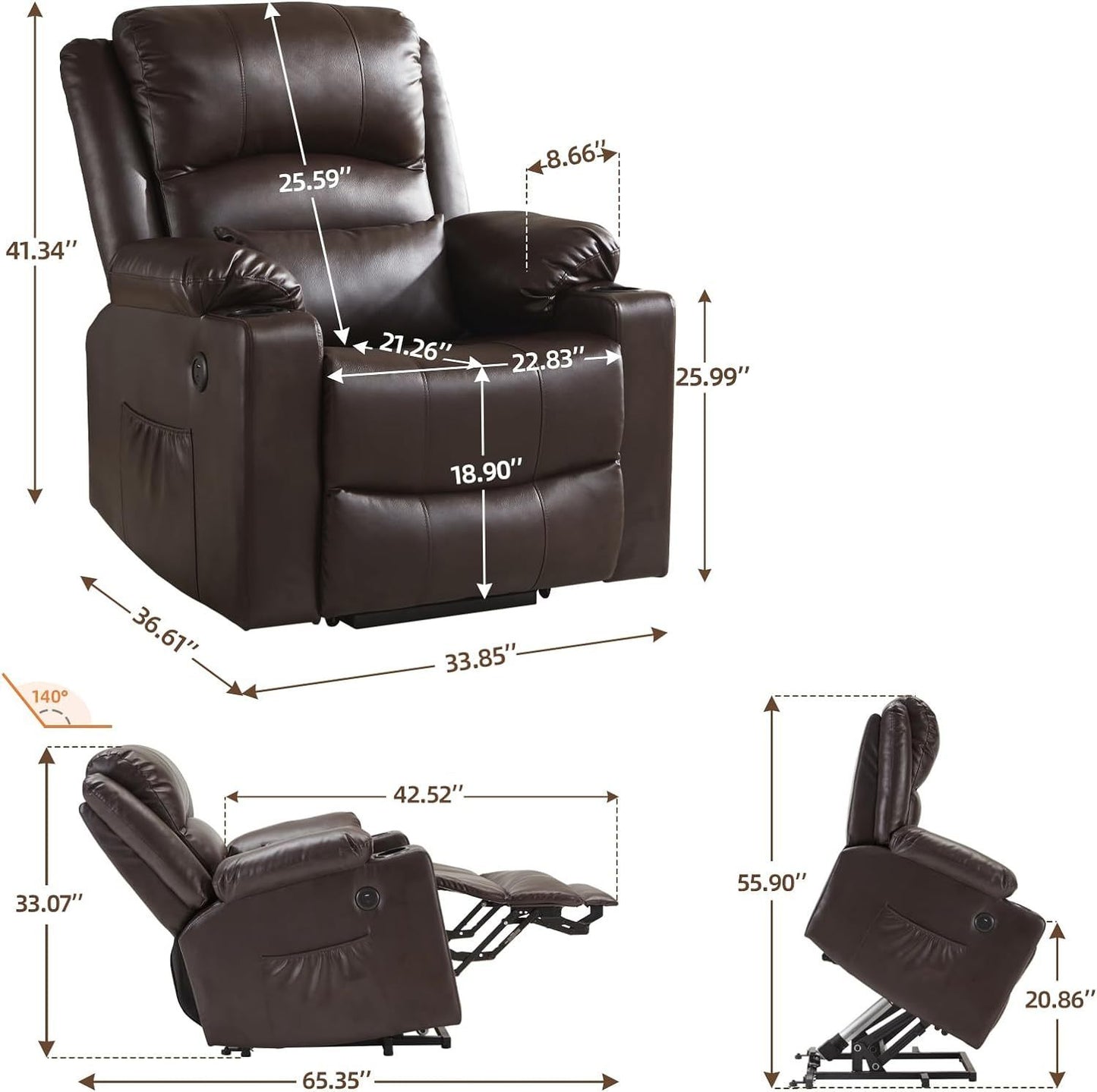 Lift Chairs Recliner for Elderly Heat and Massage Chair Recliner Electric Power Recliner with Cup holder Extended Footrest USB & Type C Ports