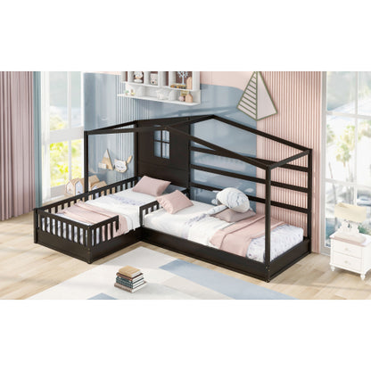 Wood House Bed Twin Size, 2 Twin Solid Bed L structure with fence and slatted frame, Espresso