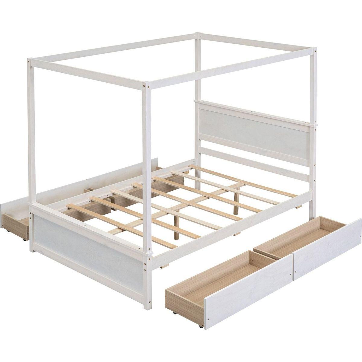 Wood Canopy Bed with four Drawers, Full Size Canopy Platform Bed With Support Slats .No Box Spring Needed, Brushed White