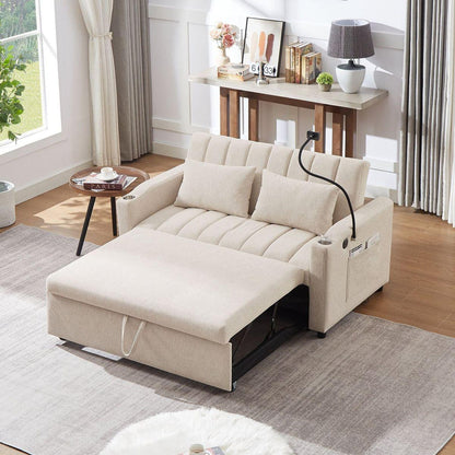 55.9" Convertible Sofa Bed Loveseat Sofa with Three USB Ports, Two Side Pockets, Two Cup Holders and 360Swivel Phone Holder for Living Room, Beige