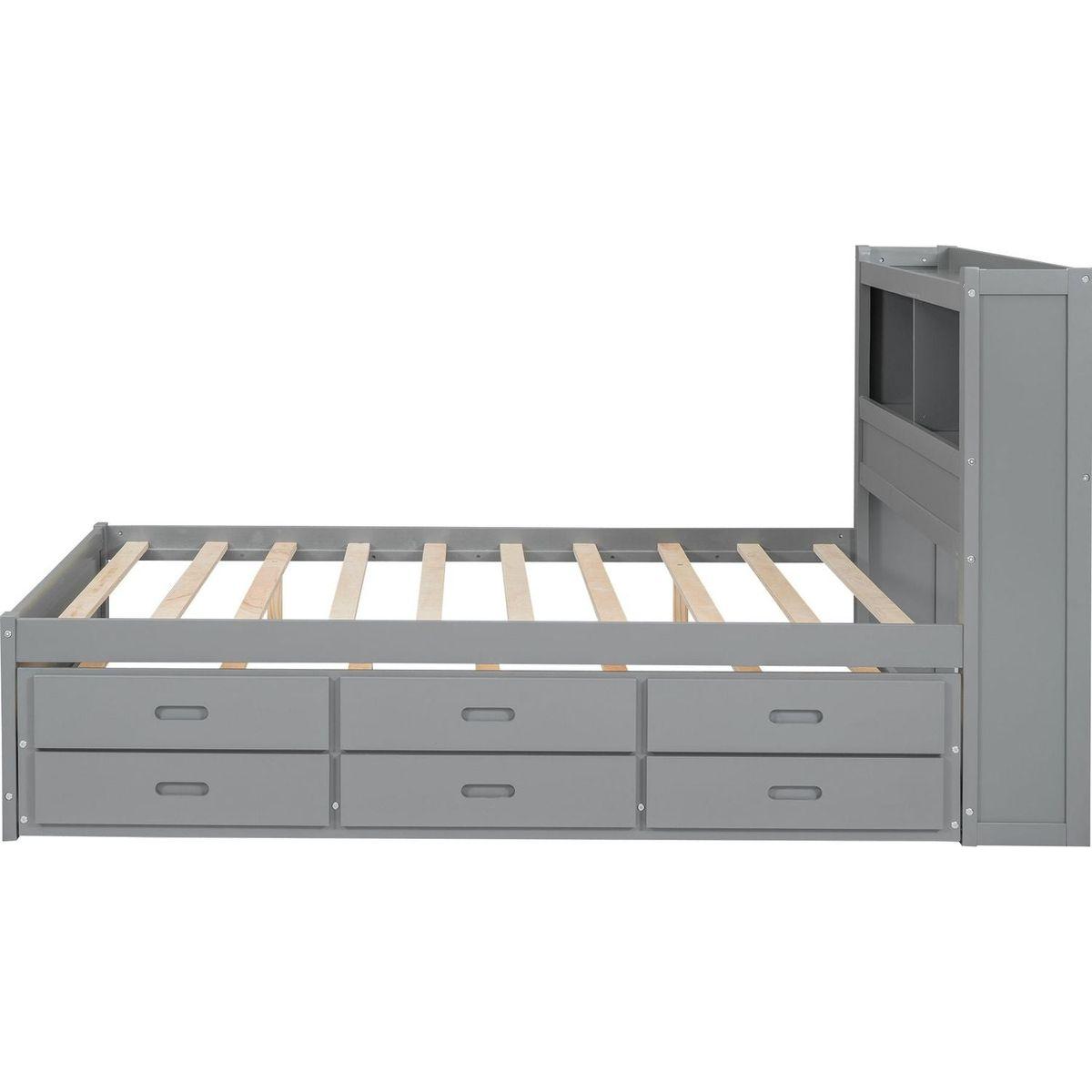 Full Size platform bed with trundle, drawers and USB plugs, Gray
