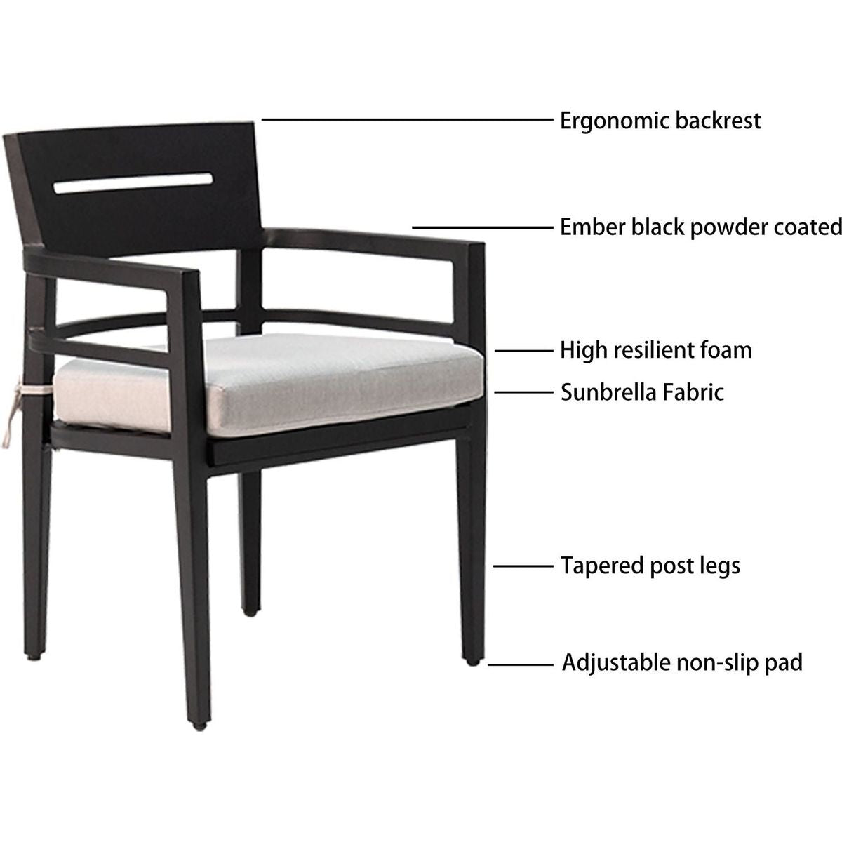 5-Piece Outdoor Patio Aluminum Furniture, Modern Dining Set, including 4 Dining Chairs Sunbrella Fabric Cushioned and 40" Square Dining Table with Umbrella Hole, Ember Black