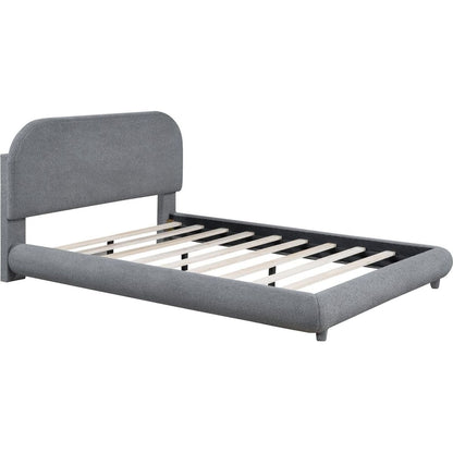 Teddy Fleece Full Size Upholstered Platform Bed with Thick Fabric, Solid Frame and Stylish Curve-shaped Design, Gray