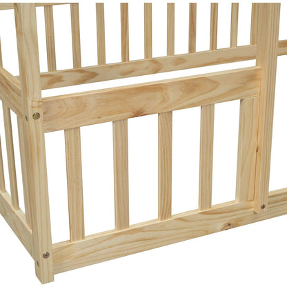 Full Wood House-Shaped Floor Bed with Fence, Guardrails,Natural