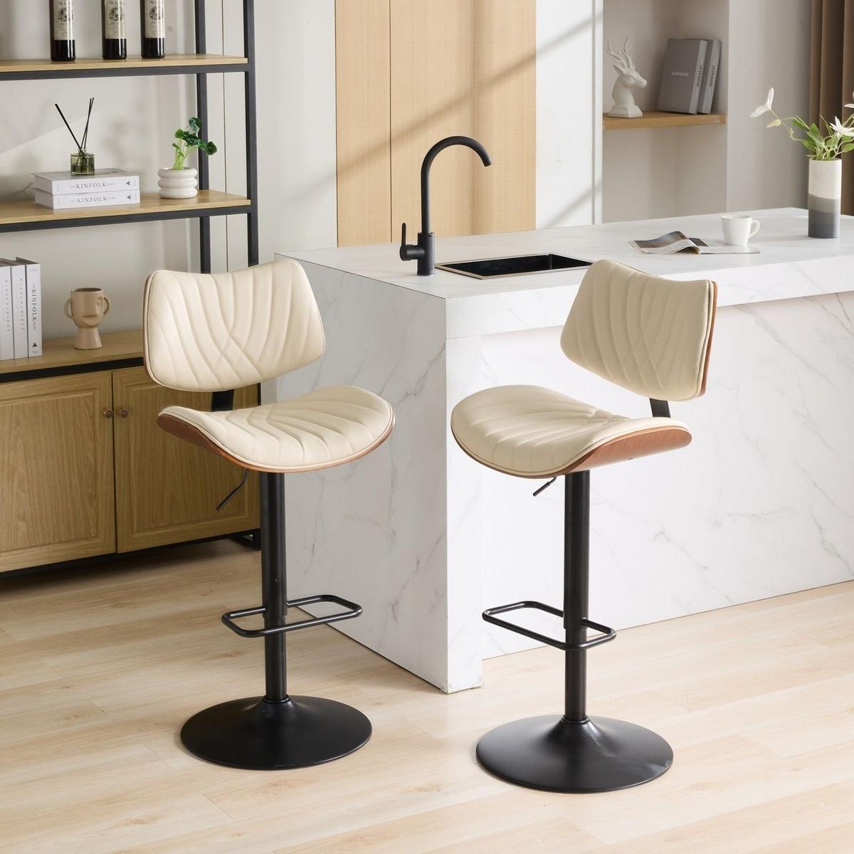 Walnut Bentwood Bar Stools Mid Century Modern Adjustable Counter Height Black Leather Upholstered 360Swivel Bar Chairs for Kitchen Island/Dining Room/Cafe, 1 chair/1carton,Beige