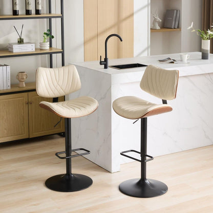 Walnut Bentwood Bar Stools Mid Century Modern Adjustable Counter Height Black Leather Upholstered 360Swivel Bar Chairs for Kitchen Island/Dining Room/Cafe, 1 chair/1carton,Beige