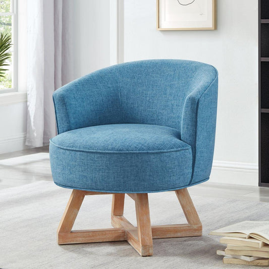 Swivel chair with cross-shaped wooden base,Lounge chair with solid wood legs, 360freely Swivel chair, Classic linen Fabric for living room, bedroom, office, dresser -Light Blue