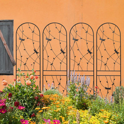 4 Pack Metal Garden Trellis 86.7' x 19.7' Rustproof Trellis for Climbing Plants Outdoor Flower Support Dragonfly Deco Black