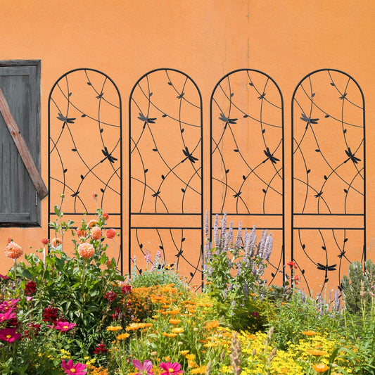 4 Pack Metal Garden Trellis 86.7' x 19.7' Rustproof Trellis for Climbing Plants Outdoor Flower Support Dragonfly Deco Black