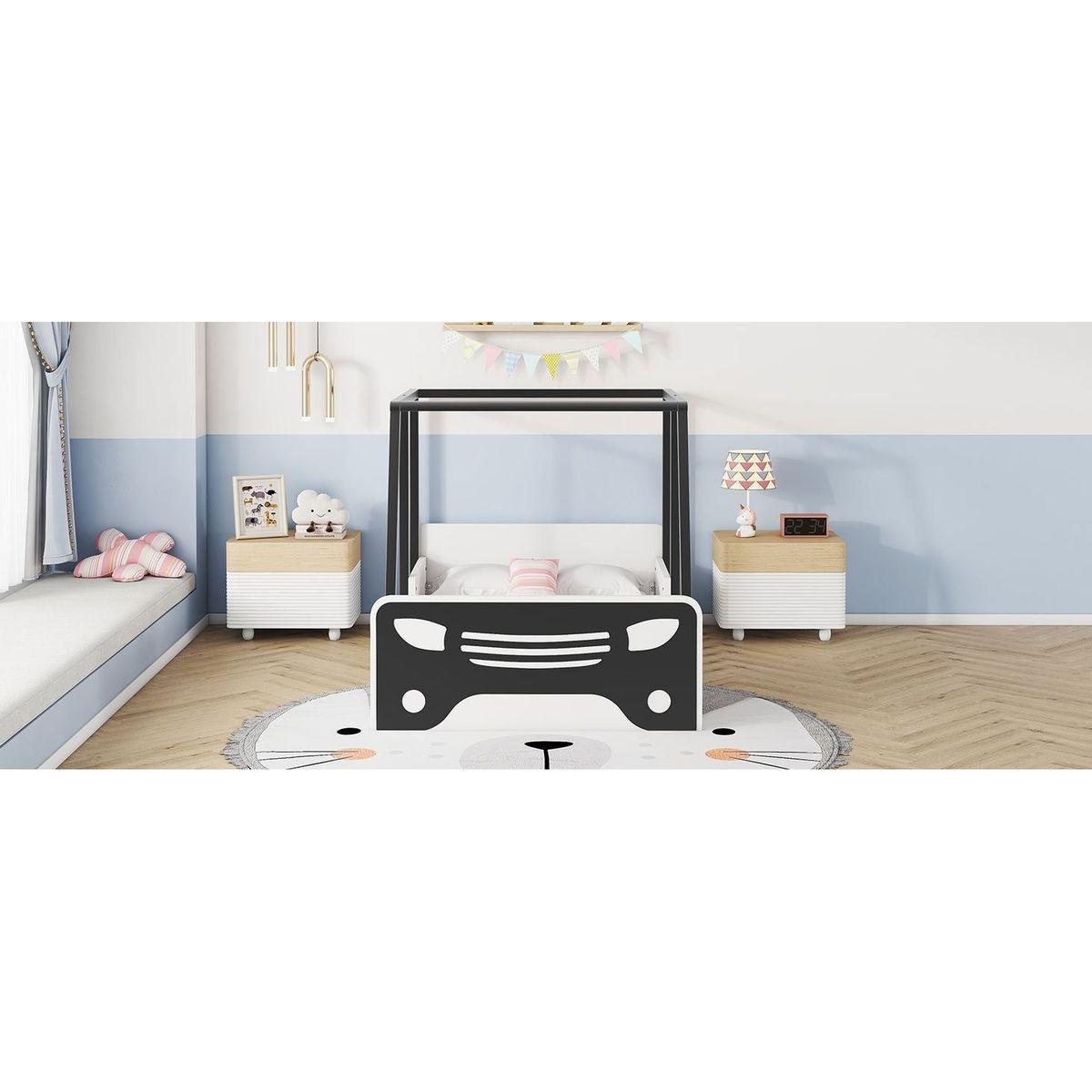 Twin Size Car-shaped Bed with Roof,Wooden Twin Floor Bed with wheels and door Design,Montessori Inspired Bedroom,Black