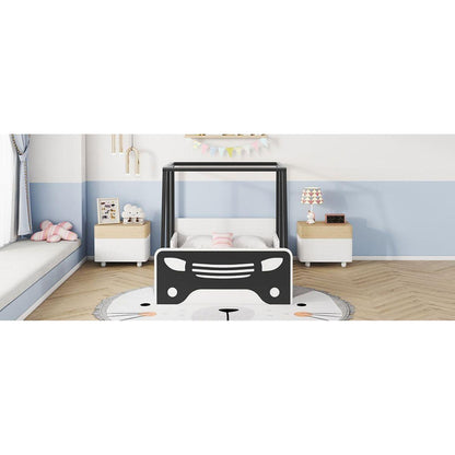 Twin Size Car-shaped Bed with Roof,Wooden Twin Floor Bed with wheels and door Design,Montessori Inspired Bedroom,Black