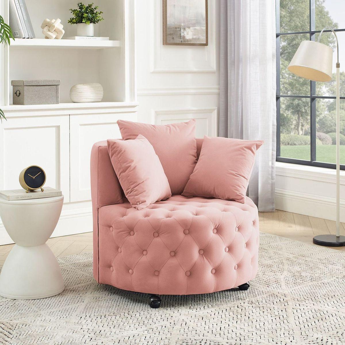 Velvet Upholstered Swivel Chair for Living Room, with Button Tufted Design and Movable Wheels, Including 3 Pillows, Pink