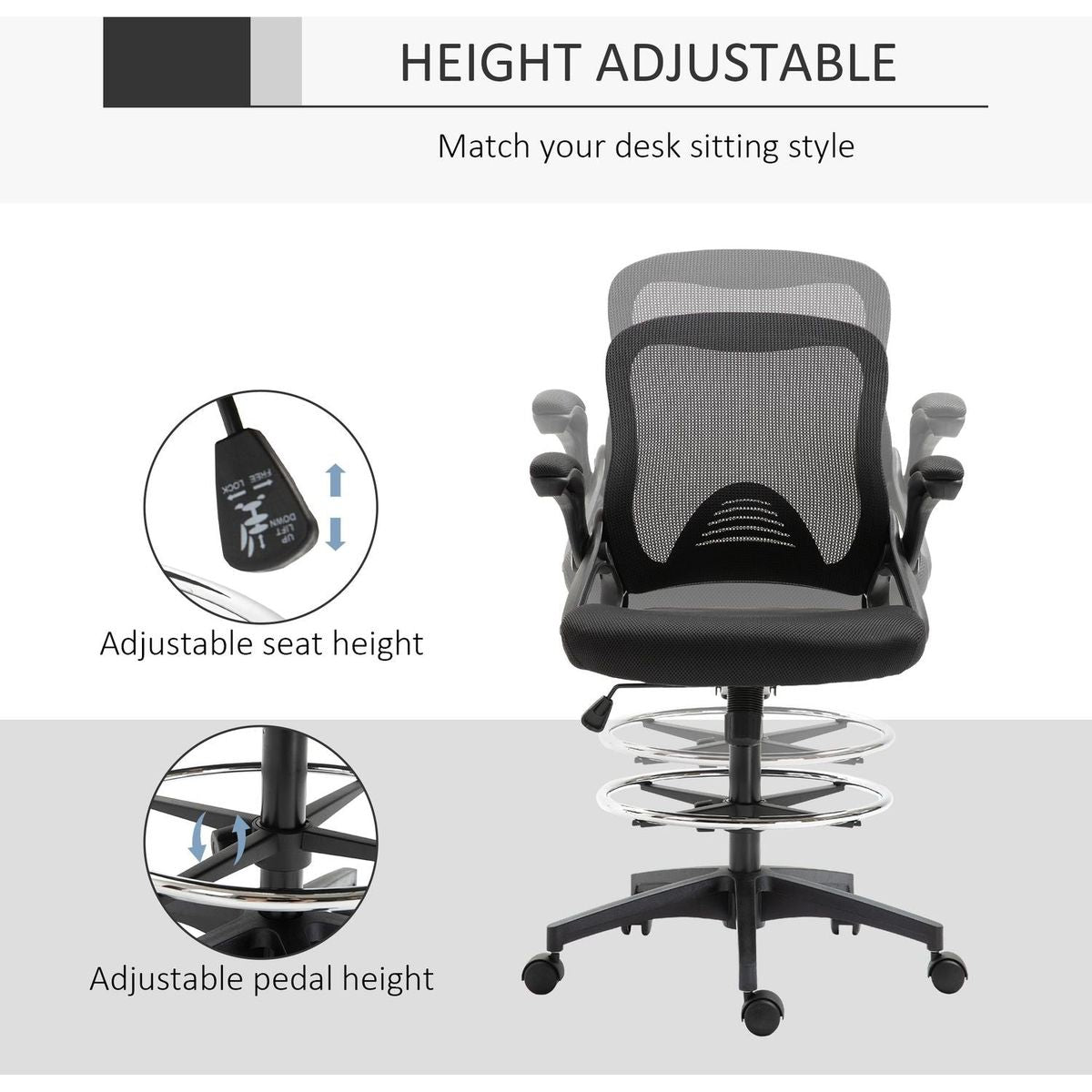 Vinsetto Mesh Drafting Chair, Tall Office Chair with Lumbar Support, Flip-Up Armrests, Footrest Ring and Adjustable Seat Height, Black