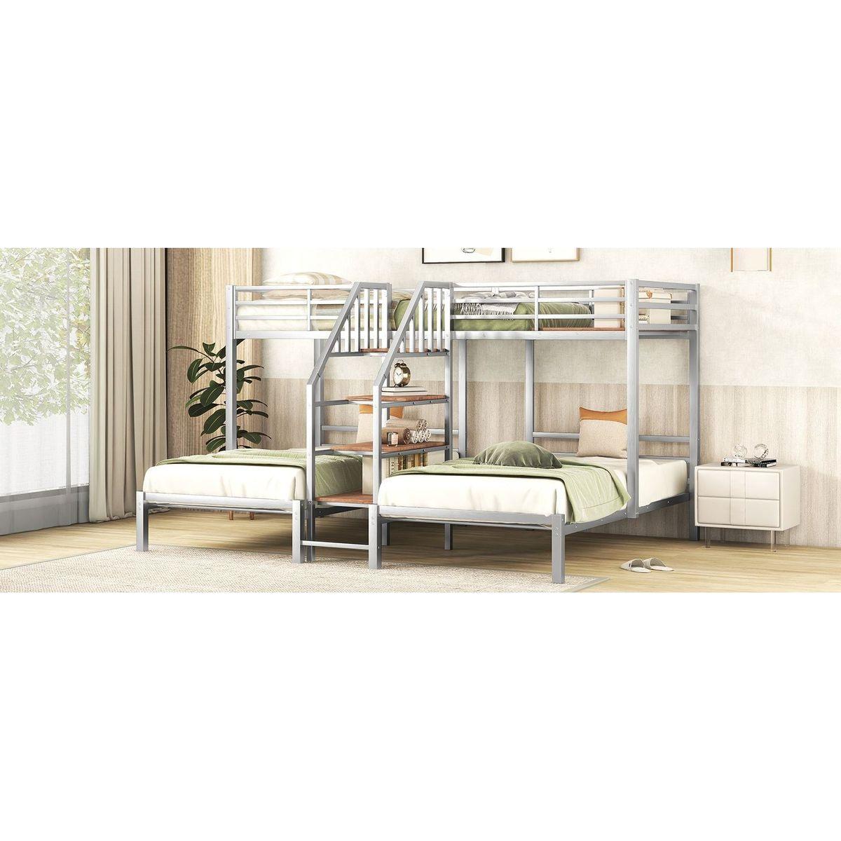 Metal Twin over Twin & Twin Bunk Bed, Triple Bunk Bed with Storage Shelves Staircase, Silver