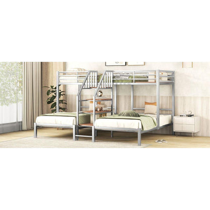 Metal Twin over Twin & Twin Bunk Bed, Triple Bunk Bed with Storage Shelves Staircase, Silver