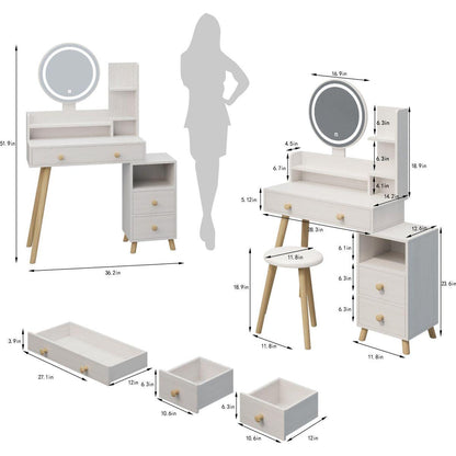 Round Mirror Bedside Cabinet Vanity Table + Cushioned Stool, With 2 AC Power + 2 USB socket, 17" diameter LED Mirror, Touch Control, 3-color, Brightness adjustable, Large desktop, Multi-layer Storage