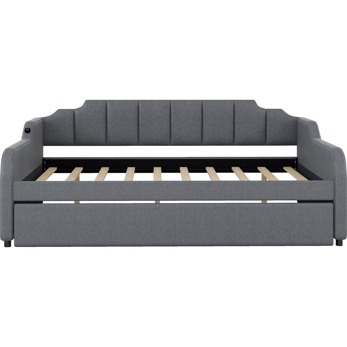 Full Size Upholstery Daybed with Trundle and USB Charging Design,Trundle can be flat or erected,Gray