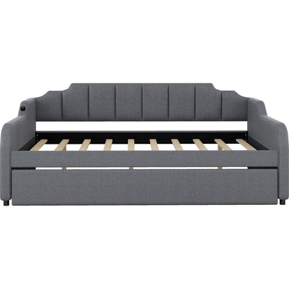 Full Size Upholstery Daybed with Trundle and USB Charging Design,Trundle can be flat or erected,Gray