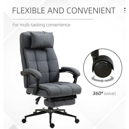 Executive Linen-Feel Fabric Office Chair High Back Swivel Task Chair with Adjustable Height Upholstered Retractable Footrest, Headrest and Padded Armrest, Dark Grey