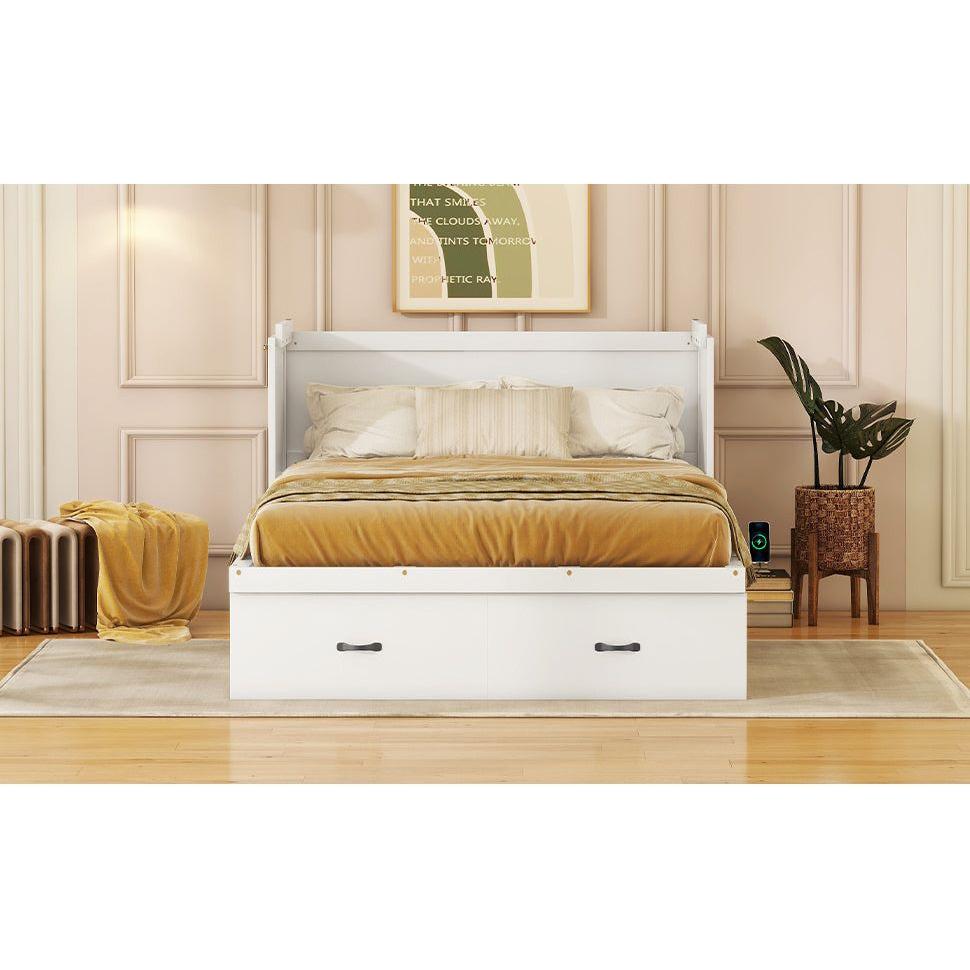 Full Size Murphy Bed with USB Port and a Large Drawer, White