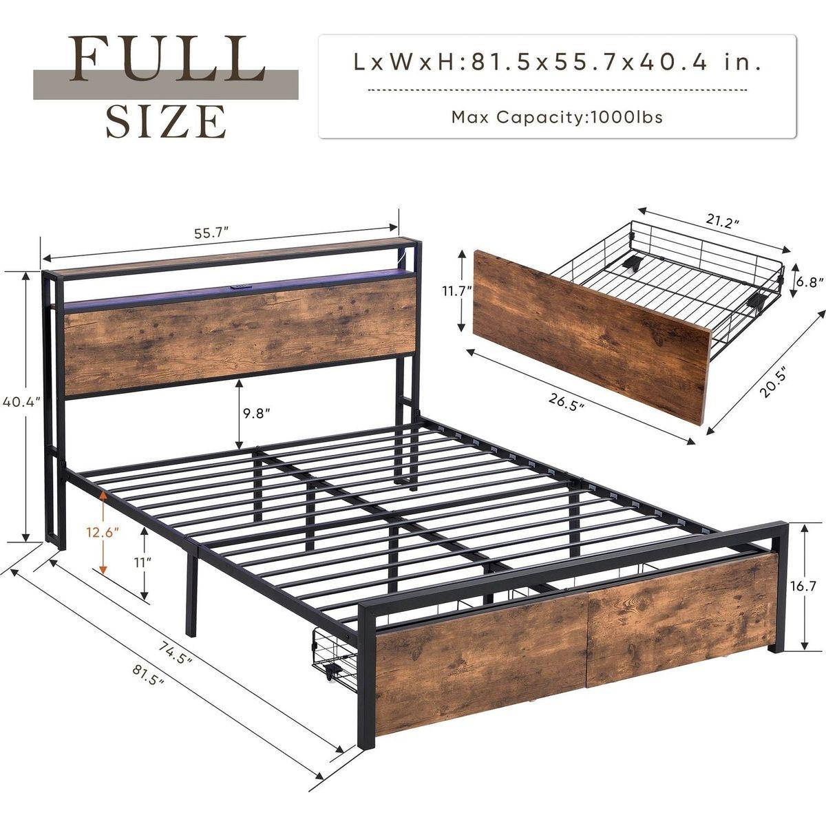 Full Size Bed Frame with Storage Headboard and 2 Drawers, LED Lights Bed with Charging Station, Metal Platform Bed No Noise, Mattress Foundation Strong Metal Slats Support No Box Spring Needed