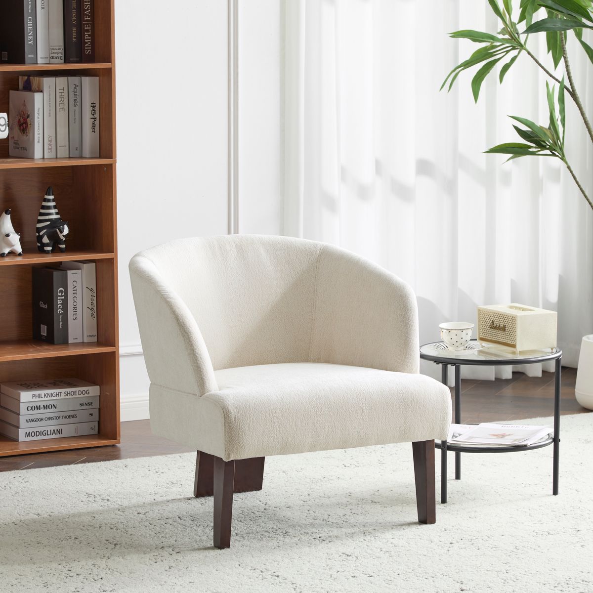 Modern Accent Chair with Round Back & Wooden Legs - Mid-Century Inspired Lounge Chair for Living Room, Bedroom, or Office - Soft Fabric Upholstery