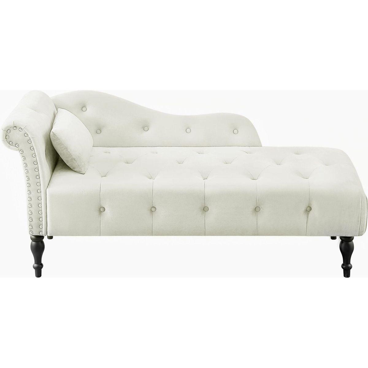 60.6" Velvet Chaise Lounge Buttons Tufted Nailhead Trimmed Solid Wood Legs with 1 Pillow,White (Left Arm Design as Shown in the Picture)