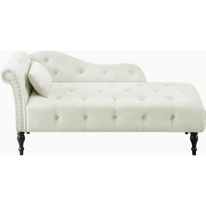 60.6" Velvet Chaise Lounge Buttons Tufted Nailhead Trimmed Solid Wood Legs with 1 Pillow,White (Left Arm Design as Shown in the Picture)