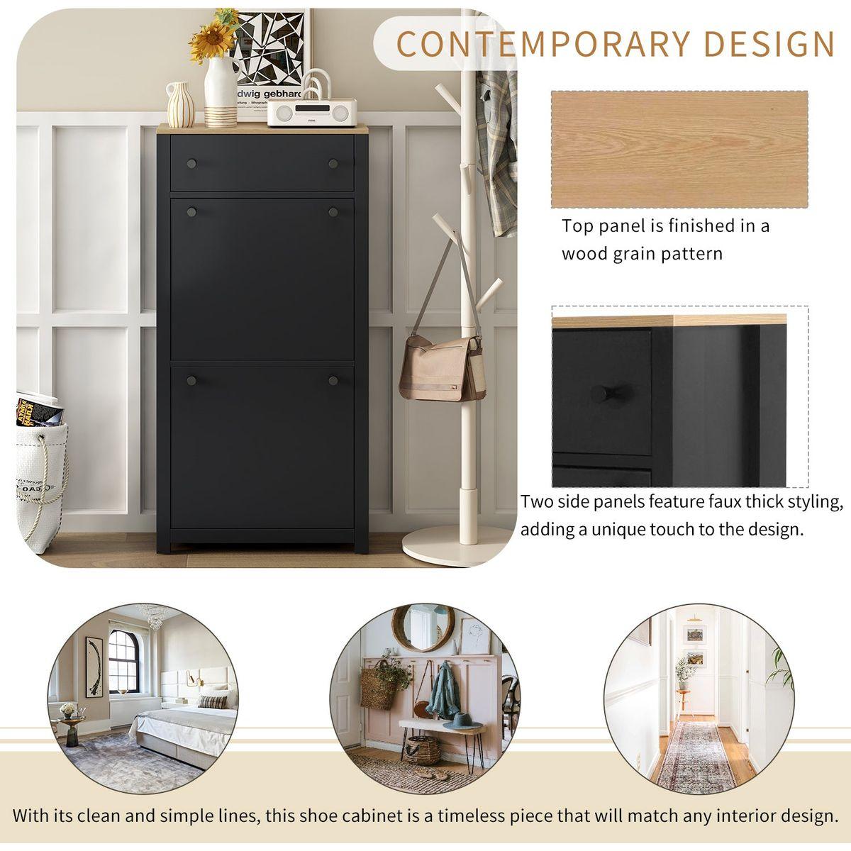Functional Entryway Organizer with 2 Flip Drawers, Wood Grain Pattern Top Shoe Cabinet with Drawer, Free Standing Shoe Rack with Adjustable Panel for Hallway, Black