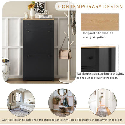 Functional Entryway Organizer with 2 Flip Drawers, Wood Grain Pattern Top Shoe Cabinet with Drawer, Free Standing Shoe Rack with Adjustable Panel for Hallway, Black