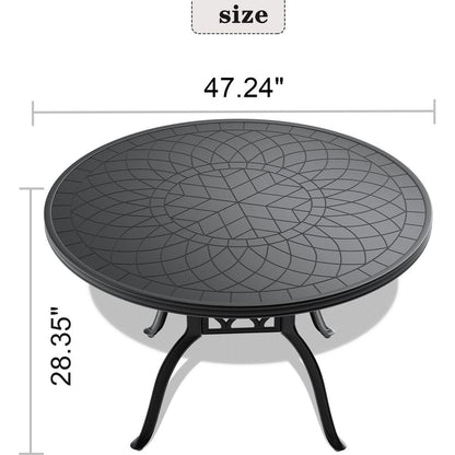 47.24-inch Cast Aluminum Patio Dining Table With Black Frame and Carved Texture on the Tabletop