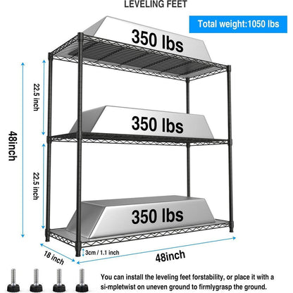3 Tier Wire Shelving Unit, 1050 LBS NSF Height Adjustable Metal Garage Storage Shelves, Heavy Duty Storage Wire Rack Metal Shelves - Black