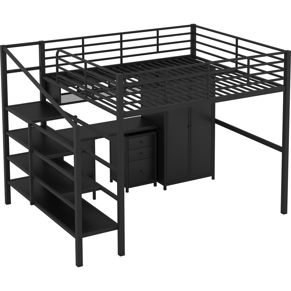 Metal Loft Bed With table set and wardrobe, Full, Black