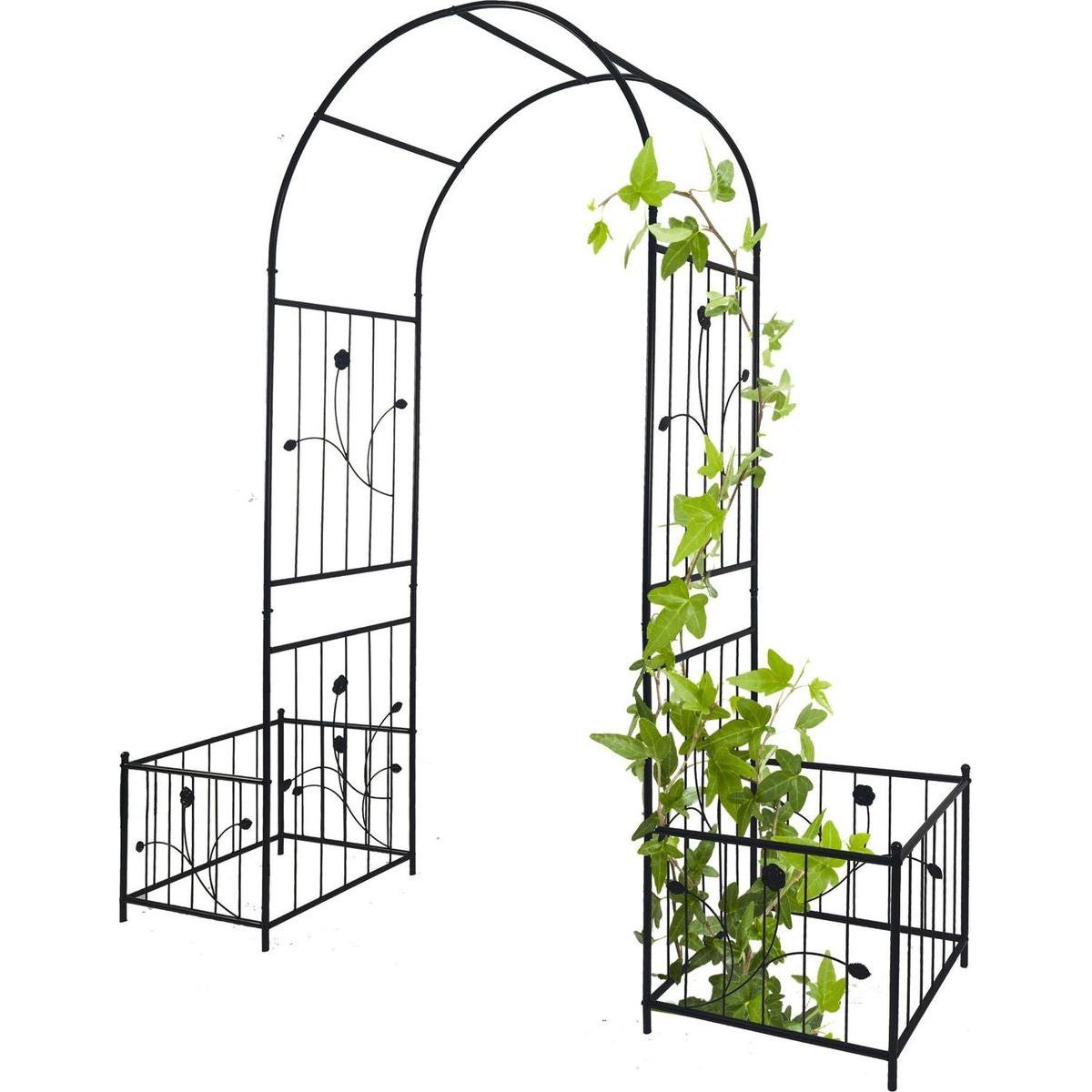 Metal Garden Arch with two plant stands 79.5" Wide x 86.6" High Climbing Plants Support Rose Arch Outdoor Black