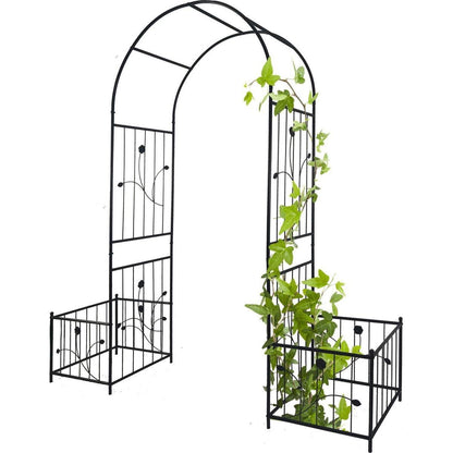 Metal Garden Arch with two plant stands 79.5" Wide x 86.6" High Climbing Plants Support Rose Arch Outdoor Black