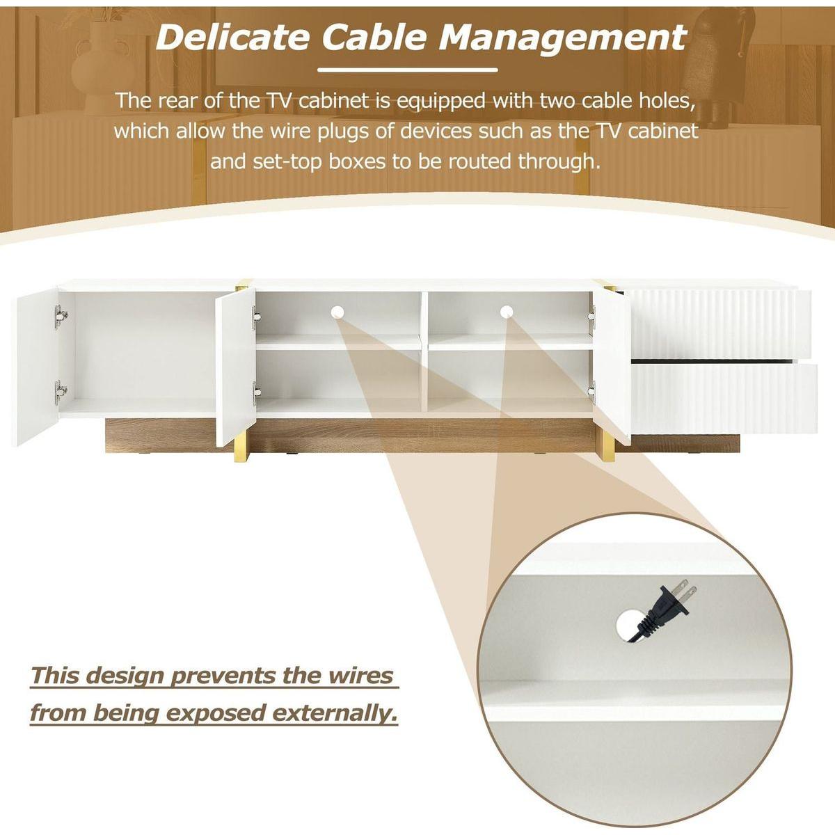 Luxury Fluted TV Stand for TVs Up to 80", Modern Entertainment Center with Storage Cabinets & Drawers, Smooth Media Console with Golden Wood Grain Legs for Living Room, White