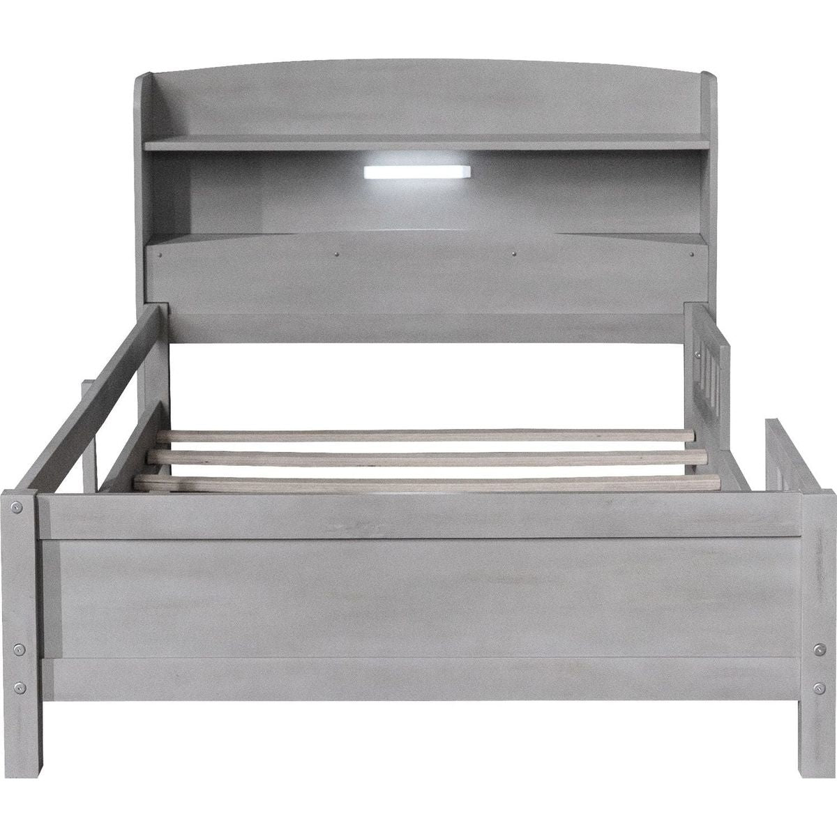 Wood Twin Size Platform Bed with Built-in LED Light, Storage Headboard and Guardrail, Antique Grey