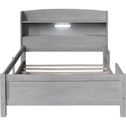 Wood Twin Size Platform Bed with Built-in LED Light, Storage Headboard and Guardrail, Antique Grey
