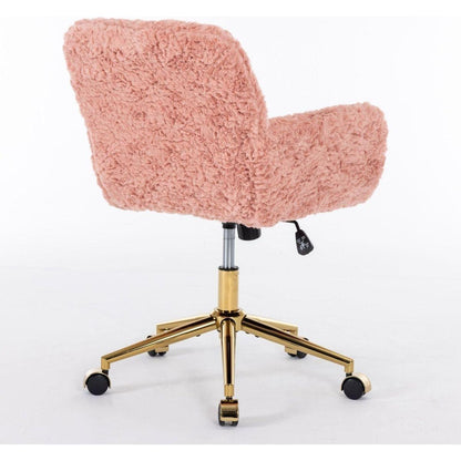 Office Chair,Artificial rabbit hair Home Office Chair with Golden Metal Base,Adjustable Desk Chair Swivel Office Chair,Vanity Chair(Pink)