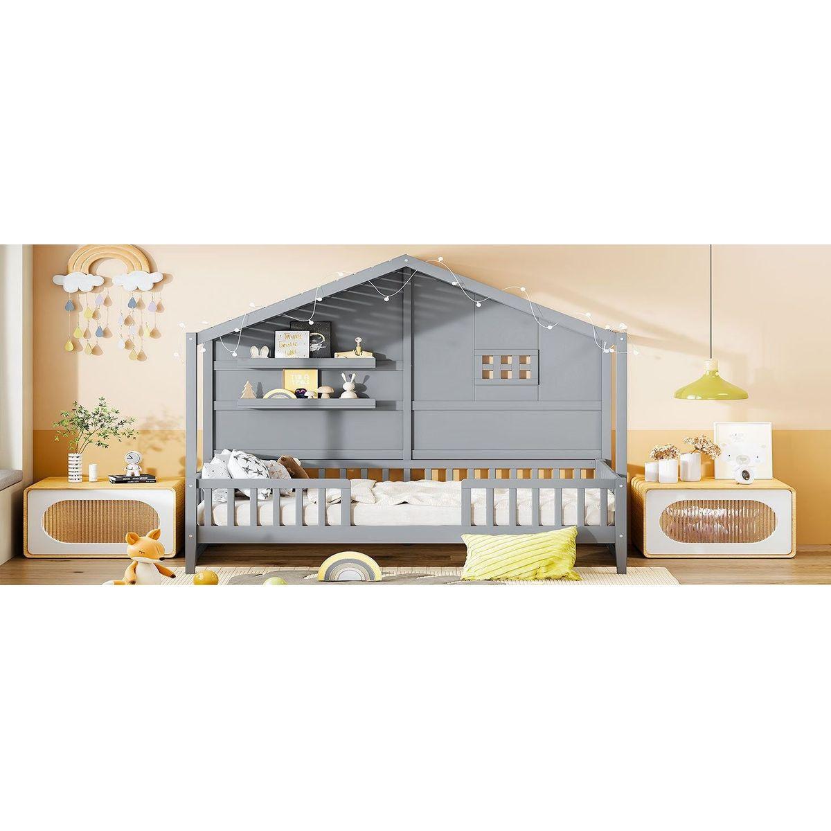 Twin Size House Bed with Shelves, House Bed with Window and Sparkling Light Strip on the Roof, Gray