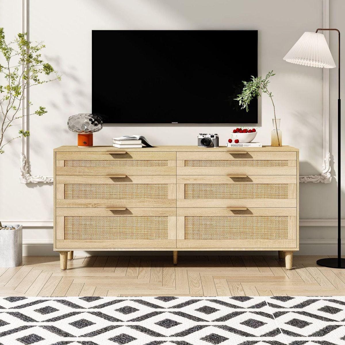 59" Rattan Dresser with Drawers, 6 Drawer Dresser for Bedroom, Clothes Storage Cabinet for Bedroom, Metal Handle&Wood Legs for Hallway, Living Room, Bedroom,Natural