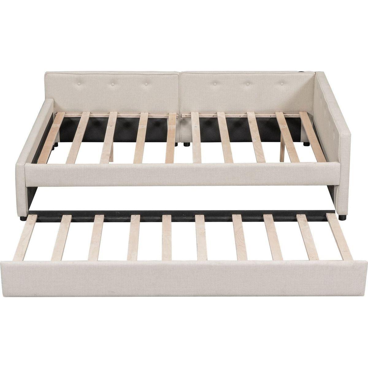 Full Size Upholstered Platform Bed with USB and Twin Size Trundle, Beige