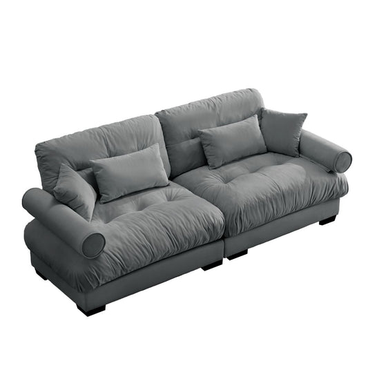 Modern Velvet Two-Seater Sofa with Bolstered Armrests and Pillows, Grey, Large Size
