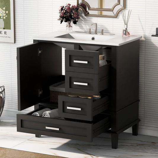 30" Bathroom Vanity, Modern Bathroom Cabinet with Sink Combo Set, Bathroom Storage Cabinet with a Soft Closing Door and 3 Drawers, Solid Wood Frame(Black)