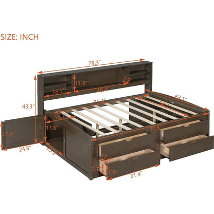 Full Size Wood Daybed with 2 Bedside Cabinets, Upper Shelves and 4 Drawers, Antique Brown