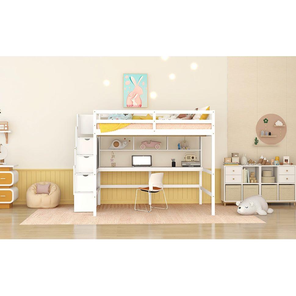 Full Size Loft Bed with Built-in Desk, Bookshelves and Storage Staircase,White